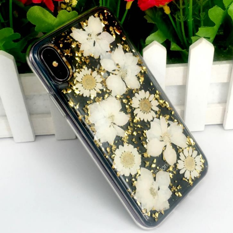 Tillverkarens direkta iPhone med guldfolie droppe lim äkta blommatorkade blommor präglade TPU äpple genomskinligt splittringsfodral